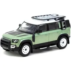 Land Rover Defender 110 with Roof Rack Light Green Metallic with White Top 1/64 Diecast Model Car by Tarmac Works
