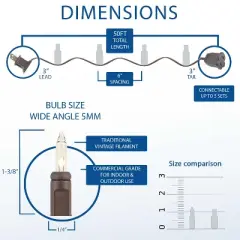 Novelty Lights 50 Feet 100 Bulbs Incandescent Mini Lights, Brown Wire with 6" Spacing, UL Listed for Indoor/Outdoor Use, Connectable