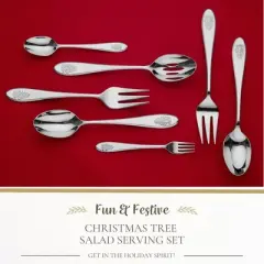 Spode Christmas Tree Salad Servers (Set of 2) - 10 Inch Flatware Serving Spoon & Fork, Festive Holiday Tableware, Stainless Steel - Dishwasher Safe