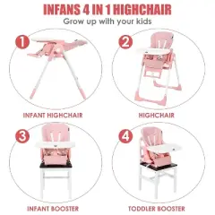 INFANS 4 in 1 High Chair&ndash;Booster Seat, Convertible Highchair w/Adjustable Height and Recline,Removable Tray,Detachable Cushion, Installation-Free