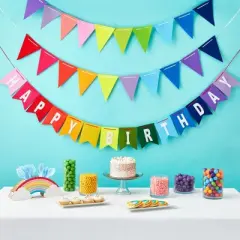 Blue Panda 8 Feet Rainbow Happy Birthday Banner with 3 Colorful Felt Pennant Flag Banners (6 Feet) for Party Decorations