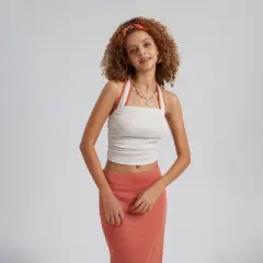 Women's Ribbed Ruched Cropped Halter Top - White