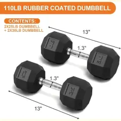 PVC Hex Dumbbell Weight Set, Exercise & Fitness Dumbbells for Muscle Toning, Strength Building & Full Body Workout, 110LB Set - (25+30LB) x2