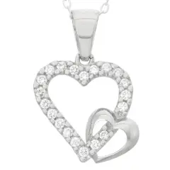 Children's Cubic Zirconia Double Heart Pendant In Sterling Silver