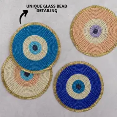 Folkulture Beaded Coasters Round, Set of 4 Coasters for Drinks - Evil Eye