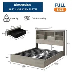 Farmhouse Full/Queen/King Bed Frame with 51" Storage Headboard, 4 Drawers & Charging Station, 1000Lbs Capacity, No Box Spring Needed, Noise-Free