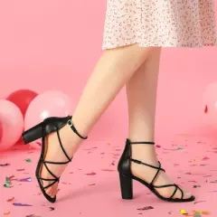 Perphy Crisscross Strappy Strap Chunky Heels Sandals for Women