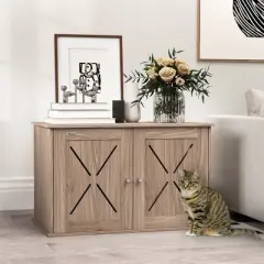 PawHut Cat Litter Box Enclosure, Hidden Cat Litter Box Furniture with Double Doors, Hole, Non-Slip Pads, Cat Washroom, Indoor Cat House, Walnut