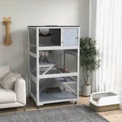 PawHut Catio, Outdoor Cat Enclosure House, Wooden Feral Cat Shelter on Wheels with Hammock, Platforms Ramps, and Waterproof Roof