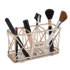 Three Compartment Cosmetic Brush and Pencil Organizer Rose Gold - Home Details: Steel Vanity Storage, Spot Clean