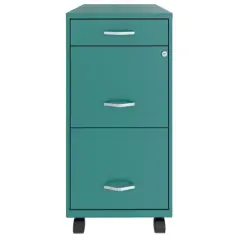 Space Solutions 18 Inch Wide Metal Mobile Organizer File Cabinet for Office Supplies and Hanging File Folders w/ Pencil Drawer & 3 File Drawers, Teal