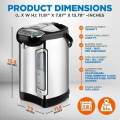 NutriChef 5L Digital Hot Water Dispenser with Auto Dispense, Safety Lock, Adjustable Temperature - Stainless Steel
