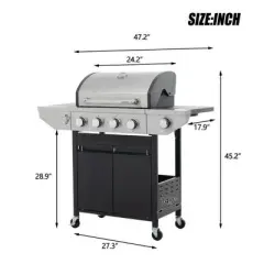 SEVOBAL Grill Cookware 4-Burner Stainless Steel Grill with Side Burner, 42,000 BTU Outdoor BBQ System for Backyard, Camping, Black, 47.2"*17.9"*45.2"