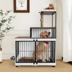 Multi-Functional Dog Crate Furniture - Cat Scratching Post, Resting Platform, Rotating Food Bowl, 2 in 1 Wood & Metal Pet Kennel Cage for Homes