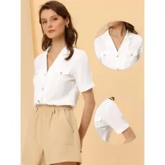 Allegra K Women's Summer Lapel V Neck Short Sleeve Work Button Down Shirts