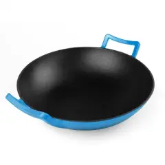 Bruntmor 14" Cast Iron Nonstick Enamel Skillet Wok Pan With Large Loop Handles - Blue