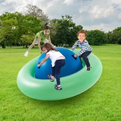Costway 7.5 FT Inflatable Dome Rocker Bouncer with 6 Handles Fun Outdoor Game for Kids Green/Pink