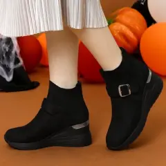 Allegra K Women's Platform Buckle Decor Wedge Heel Ankle Boots