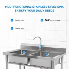 Stainless Steel Sink, Commercial Kitchen Prep Sink Free Standing Double Bowl with Cold and Hot Water Pipe Undershelf Faucet for Restaurant Bar