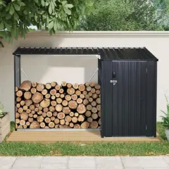 MOEPISY Outdoor Steel Firewood Rack And Metal Storage Shed, Two-In-One, Black
