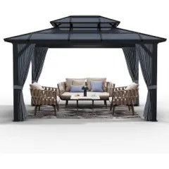 Hardtop Gazebo with Double Polycarbonate Roof &ndash; Aluminum Frame, UV Protection & Mesh Curtains for Patio, Garden, Backyard