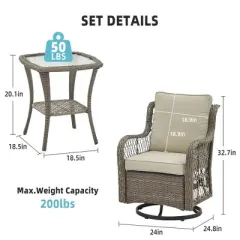 3 Piece Outdoor Patio Set - Wicker Rocking Bistro Set with 2 Swivel Chairs, Tempered Glass Top Table, Rattan Outdoor Furniture, for Porch Backyard