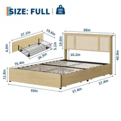 Bed Frame with Natural Rattan Headboard, Queen Size, 4 Storage Drawers, Wooden Slats, Boho-Style Cane Support, Metal Base