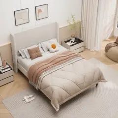 Queen/King Size Upholstered Platform Bed Frame with High Headboard, No Box Spring Needed, Beige/Light Gray-ModernLuxe