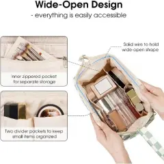 Narwey Checkered Makeup Bag Women Wide-open Make up Bag