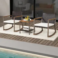 Tangkula 3PCS Patio Rattan Rocking Chair Bistro Set Armrest Cushion Table w/ Storage Shelf