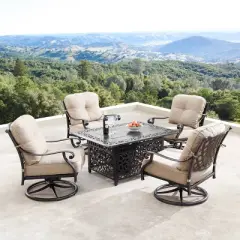 5pc Outdoor Dining Set with 48" Rectangle Fire Table, Deep Seating Swivel Rocking Chairs, Wind Blocker Lid & Fabric Covers - Oakland Living