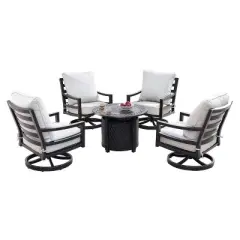 5pc Outdoor Dining Set with 34" Aluminum Round Weave Design Fire Table, Deep Seating Swivel Rocking Chairs & Covers - Oakland Living