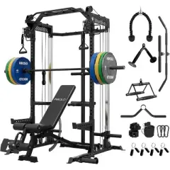 ER KANG Power Cage, 2000LB Squat Rack, Dual Pulley Cable Crossover System, Multi-function Free Weight Home Gym Workout Machine with Attachments