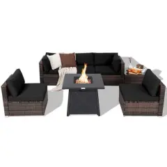 Costway 7PCS Patio Rattan Furniture Set Fire Pit Table Cover Cushion Off White\Black\Navy\Red\Turquoise