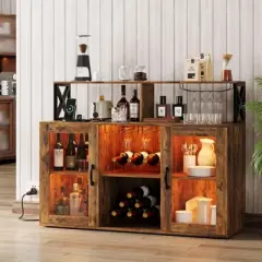 Bar Cabinet, Liquor Cabinet for Home with Power Outlets, Led Lights and Glass Holder, Wine Cabinet with Storage and Racks for Home, Kitchen