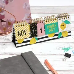 Paper Junkie Lemon Perpetual Flip Calendar for Office Desktop, Classroom Supplies, Desk Calendar with Day, Date, Month Display for Home Decor, 8x3.5"