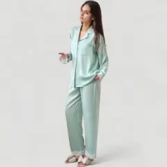 Anna-Kaci Lounge Women's Satin Long Sleeve Button Down Pajama Set with Chest Pocket and Lace Trim Hem Details