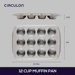 Circulon 12 Cup Muffin Pan Gray: Nonstick Aluminum Bakeware, Even-Heating, Dishwasher-Safe Baking Dish