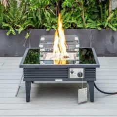 Leisuremod Walbrooke Outdoor Patio Aluminum Square Slats Design Fire Pit Side Table with Lid and Fire Glass