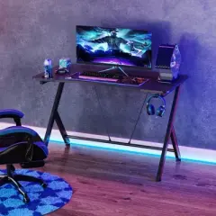 HOMCOM 47 inch Gaming Computer Desk, Home Office Gamer Table Workstation with Cup Holder, Headphone Hook, Cable Management, Carbon Fiber Surface