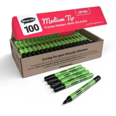 Show-me&reg; Medium Tip Slim Barrel Dry Erase Markers, Black, Classbox of 100