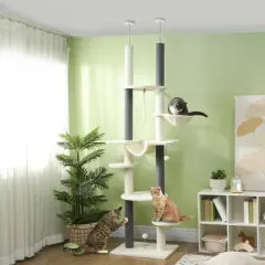 SKYONE Adjustable 88.6"-100.4" Floor-to-Ceiling Cat Tree with Hammock, Perches, Scratching Posts &
