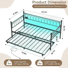 Twin Size Daybed with Pop-Up Trundle & LED Lights, Pull Out Bed with Charging Station and Pull Out Turundle, Metal Sofa Bed Frame for Living Room