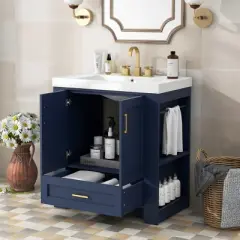 30" Bathroom Vanity with Single Sink, Drawer and Double Sided Storage Shelf, Navy Blue - ModernLuxe