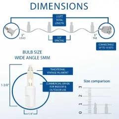 Novelty Lights 11 Feet 50 Bulb Incandescent Mini Lights, 2.5-Inch Spacing on White Wire, UL Listed for Indoor/Outdoor, Connectable