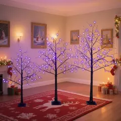 Whisen 3 Pac Spooky Tree with Purple Lights(4FT/5FT/6FT), Lighted Tree, Halloween Decoration - Black & Purple