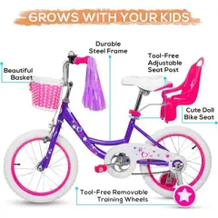 hykolity 14 inch Girls Bike Princess Bicycle for Age 3-5 Years Old Rider Height 36-47 inch includes Training Wheel Basket Doll Seat Violet Purple
