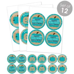 Big Dot of Happiness Teal Pumpkin - Halloween Allergy Friendly Trick or Trinket Name Tags - Party Badges Sticker Set of 12