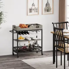 TROPOW 2-Portable-Tray Home Bar Cart | 3-Tier Rolling Bar Cart with Wheels, Wine Rack & Glass Holder