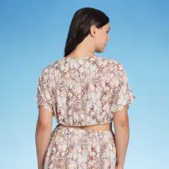 Women's Tie-Front Short Sleeve Cover Up Crop Top - Shade & Shore&trade; Tan Snake Print